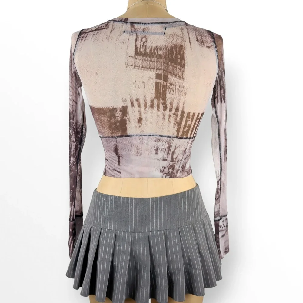 Y2K Mesh Sheer Top Button Up Cropped Slim Fit Grunge Cyber Goth Size XS
